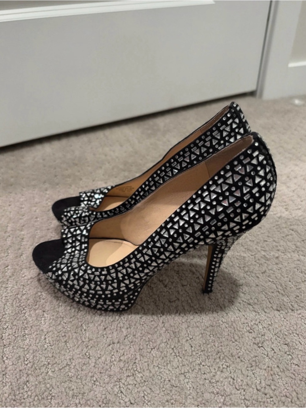 Enzo Angiolini Black and Silver Geometric Embellished Peep-Toe Heels